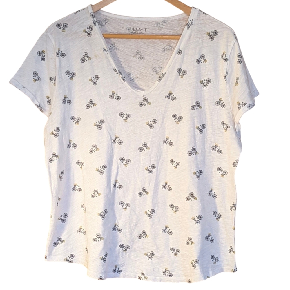 LOFT White Patterned Short Sleeve Top XL Bicycle Novelty Casual Comfort